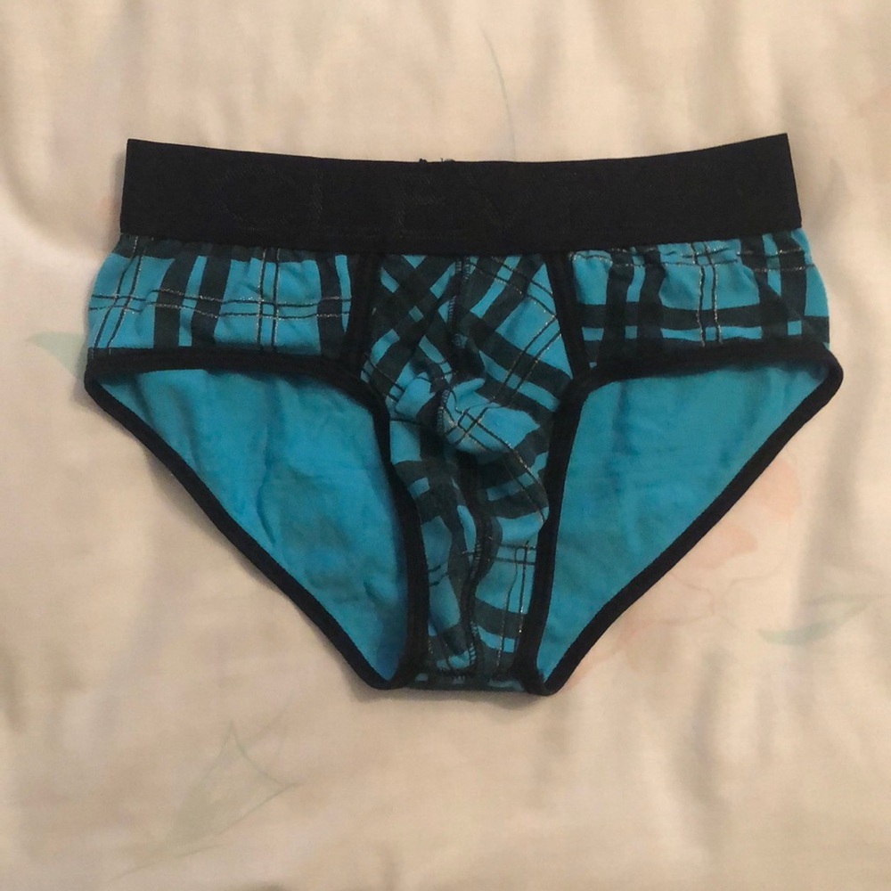 Clever blue and black plaid briefs with glitter details